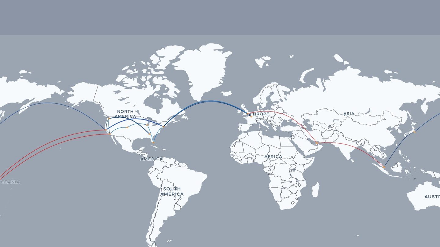 The identical set of flights on the flat world map instead of the globe
