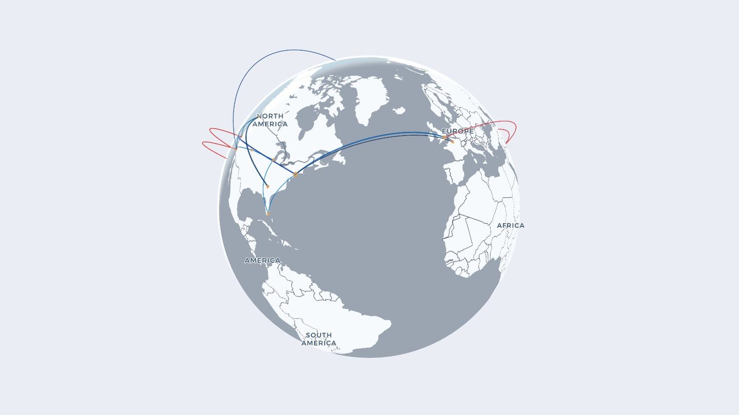 A RoutesFlown globe with twenty flights drawn as great-circle arcs between airports