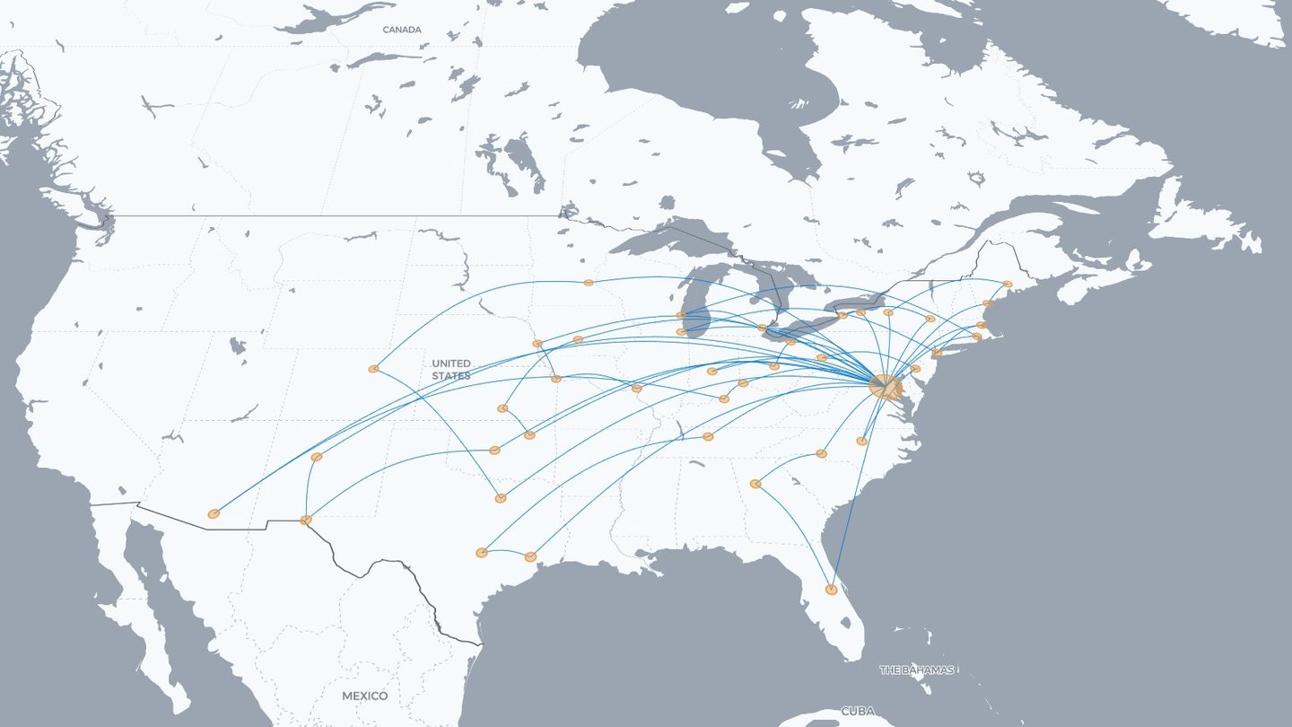 A RoutesFlown map of a working logbook: fifty-two legs fanning out from Washington National across the United States, the base airport drawn as a much larger disc