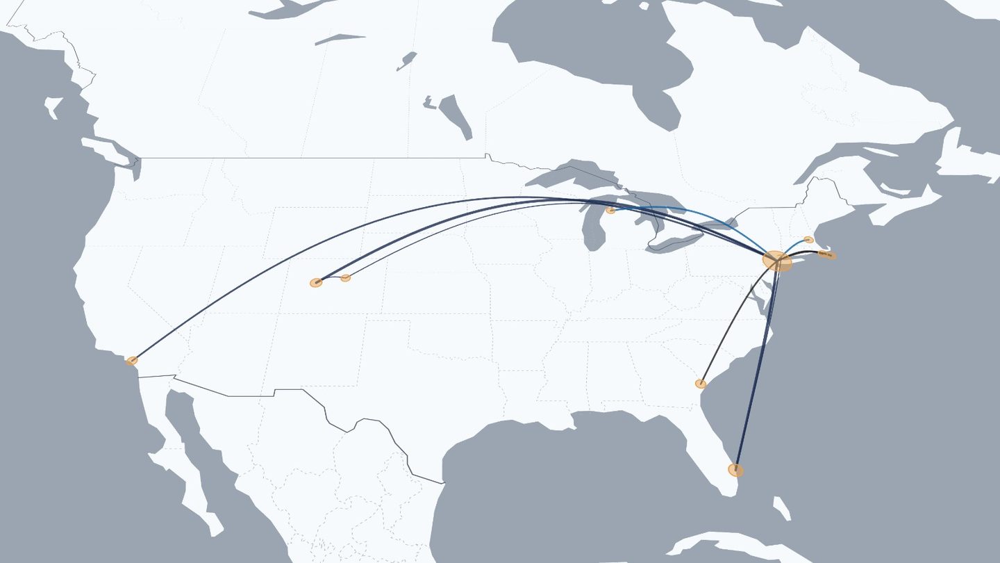 A RoutesFlown map of a fractional owner's year: one large hub at Teterboro with routes fanning out to Aspen, Centennial, Palm Beach, Savannah, Nantucket and John Wayne